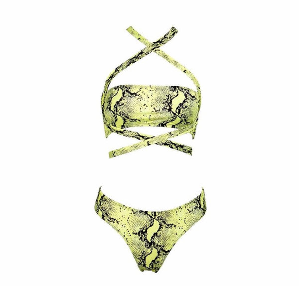 Aliia neon cross bandage two piece high cut snake print bikini