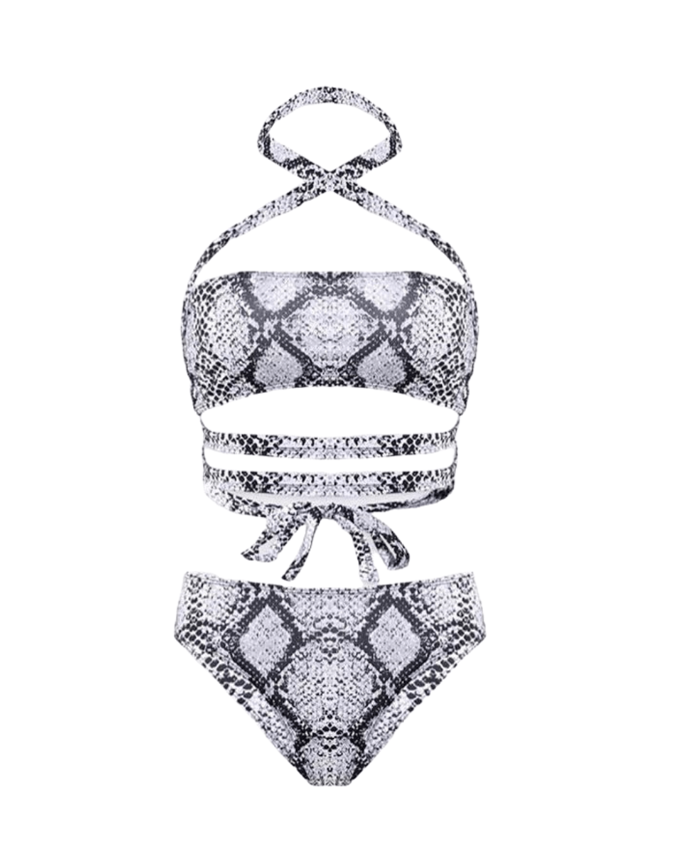 Aliia Black & White Snake Print Cross-Bandage Bikini Set