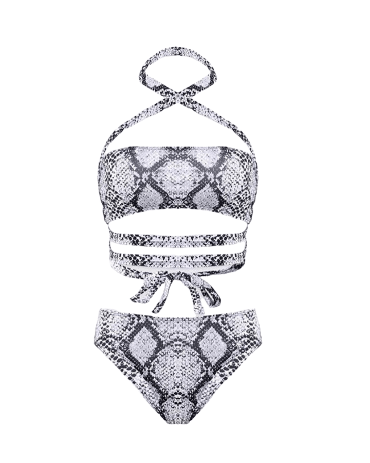 Aliia Black & White Snake Print Cross - Bandage Bikini Set Ya Omri Luxury Swimwear