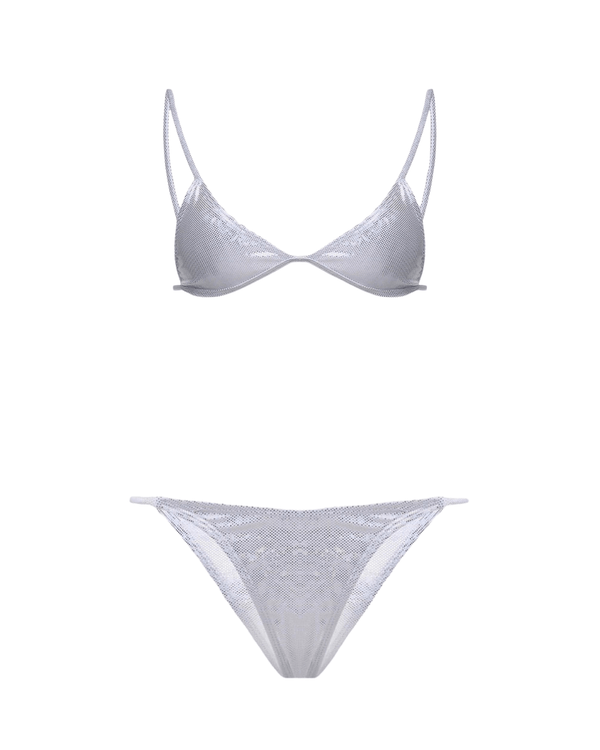 Ayala Sparkling Silver Thong Bikini Set Ya Omri Luxury Swimwear