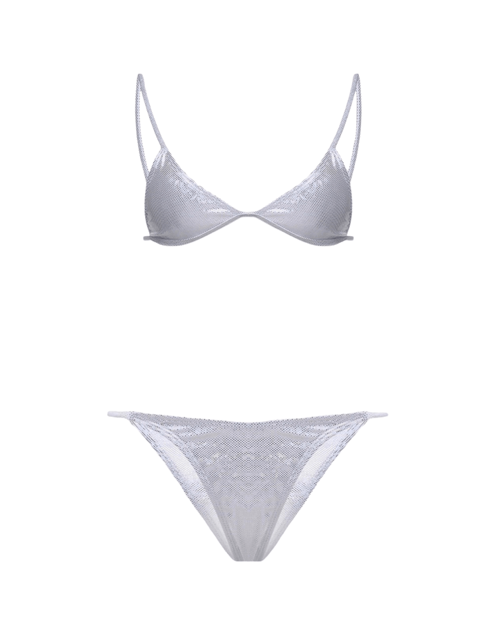 Ayala Sparkling Silver Thong Bikini Set Ya Omri Luxury Swimwear